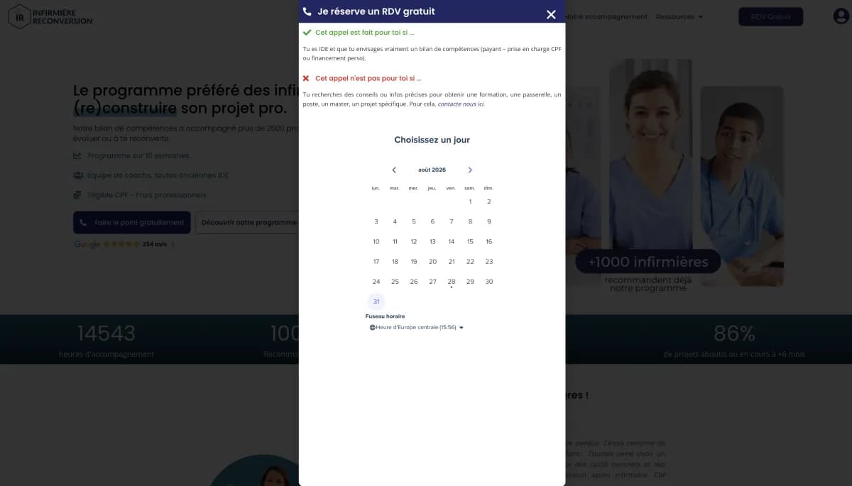 Pop-up de qualification et calendrier Infirmière Reconversion