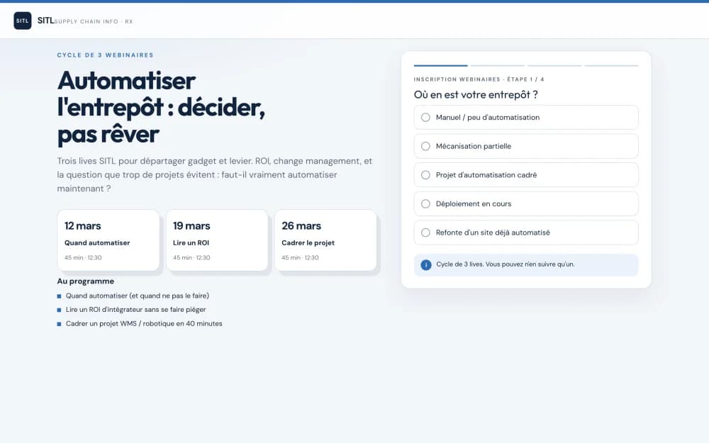 Landing page cycle de webinaires intralogistique SITL
