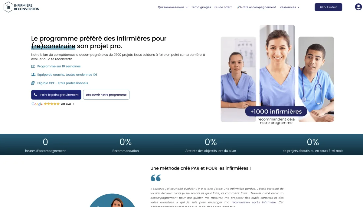 Hero Infirmière Reconversion, CTA Faire le point gratuitement