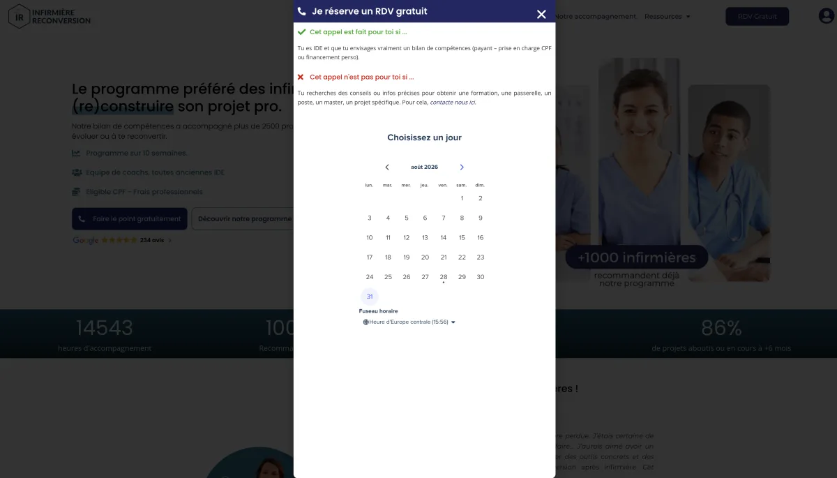 Pop-up de qualification et calendrier Infirmière Reconversion
